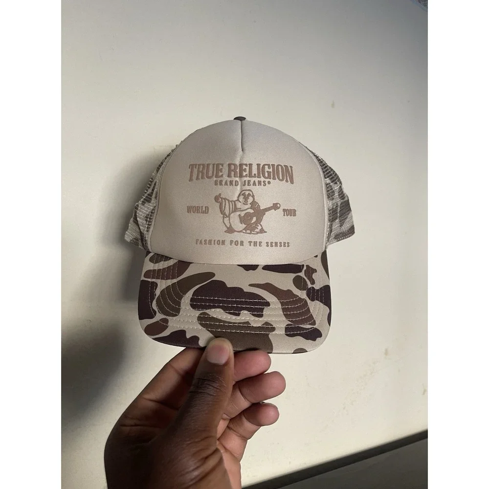 True Religion Jeans Trucker Snapback Hat Cap Brown Camo Logo One Size BRAND NEW